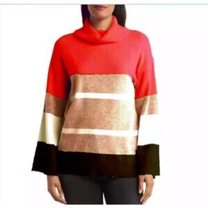 H Halston Sweater Striped Colorblock Cowl Neck Pullover Red Combo NWT S Petite